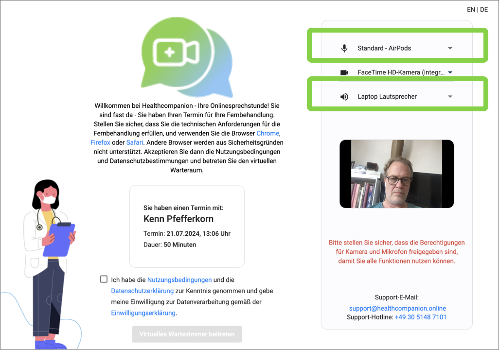 Digitaler Warteraum: rechts oben sind die Auswahlmenüs für Mikrofon und Lautsprecher grün markiert